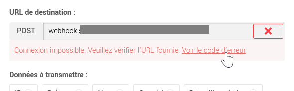 Test de l'URL d'un webhook avec échec de la connexion