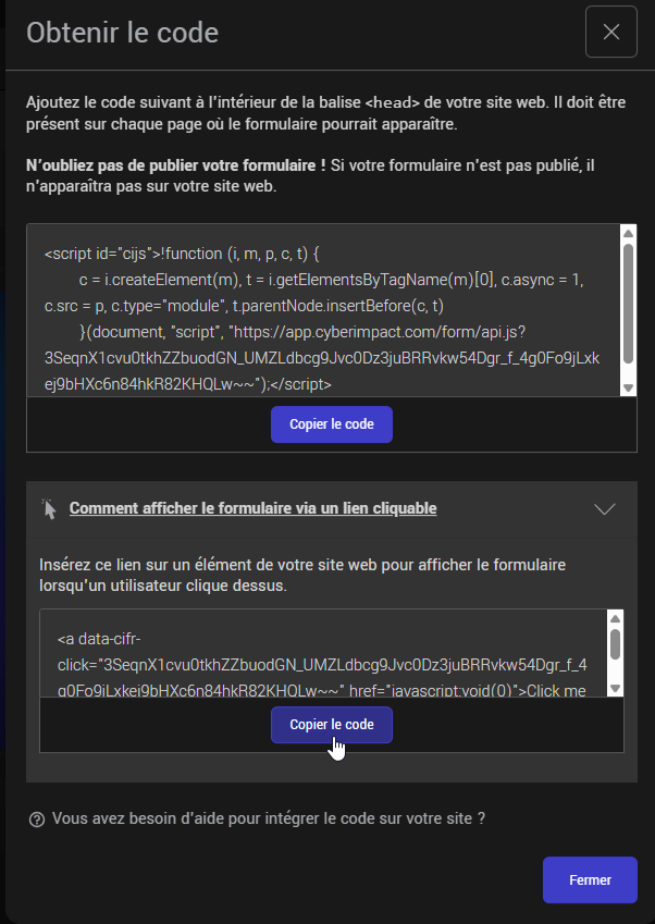 Obtenir le code du lien cliquable