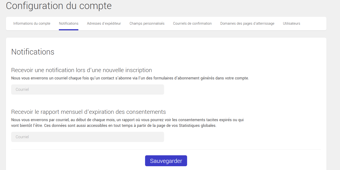 Configuration des notifications au compte